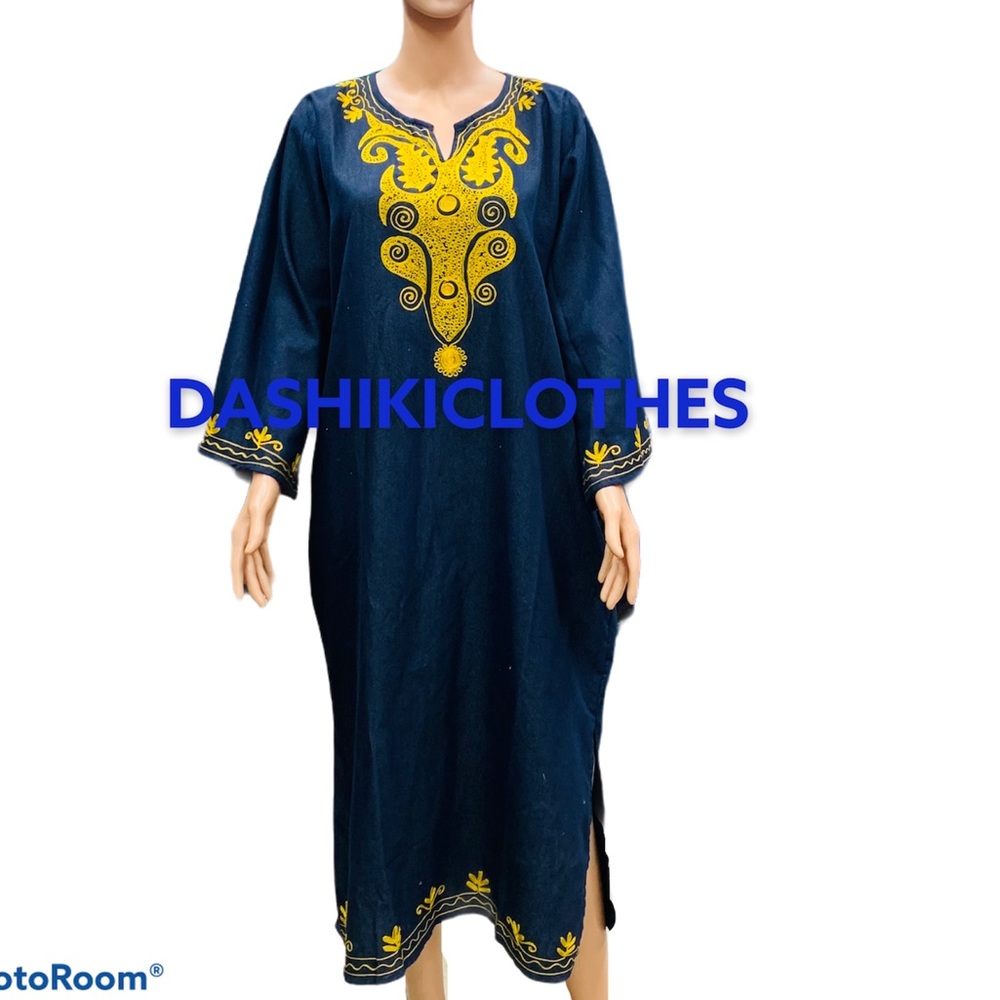 Long Denim Kaftan With Scarf Cotton Free/Plus Size